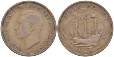 Великобритания 1/2 пенни 1941 Георг VI (1936-1952) KM 844, Spink 4115 бронза 4539-652