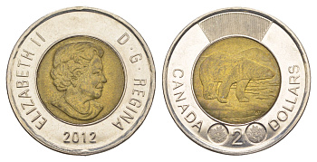 Канада 2 доллара 2012 Leaf, Елизавета II (1952-2022), полярный медведь KM 1257 биметалл UNC 4637-1041