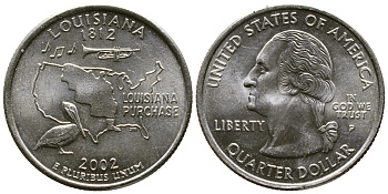 США 25 центов = квотер 2002 Р, серия штаты США, Луизиана KM 333 медь плакированная медно-никелем 56-446