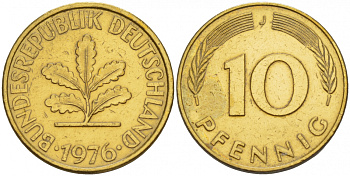 ФРГ 10 ПФЕННИГОВ 1976 J KM 108, J. 383 сталь плакированная латунью 4544-1126