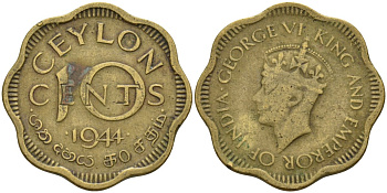Цейлон 10 центов 1944 Георг VI (1937-1952) KM 121 никель латунь 4143-535