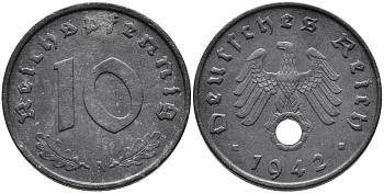 ГЕРМАНИЯ 10 РЕЙХСПФЕННИГОВ 1942 A KM 101, J.371 цинк 95-815
