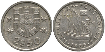 Португалия 2,5 эскудо 1985 парусник KM 590 медно-никель 186-1247