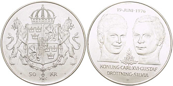 Швеция 50 крон 1976 U, королевская свадьба Карла XVI и королевы Сильвии KM 854 серебро UNC 413-1035