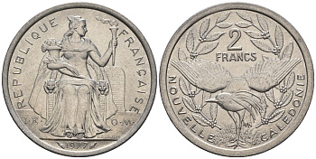 Французская Новая Каледония 2 франка 1977  KM 14 алюминий  UNC  4610-512