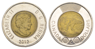 Канада 2 доллара 2012 Leaf, Елизавета II (1952-2022), полярный медведь KM 1257 биметалл UNC 4637-1041