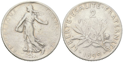 Франция 2 франка 1899 KM 845 серебро 4616-546