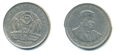 Маврикий 5 рупий 1991 Сивусагур Рамгулам KM 56 медно-никель 179-122