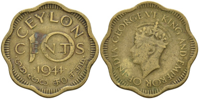 Цейлон 10 центов 1944 Георг VI (1937-1952) KM 121 никель латунь 4143-535