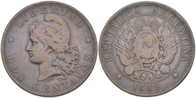 Аргентина 2 сентаво 1889 голова Свободы влево KM 8 бронза 4512-732