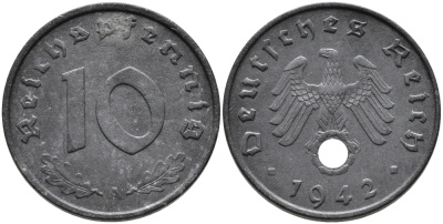 ГЕРМАНИЯ 10 РЕЙХСПФЕННИГОВ 1942 A KM 101, J.371 цинк 95-815