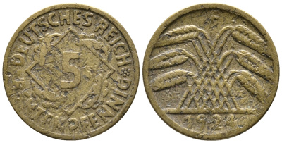 ГЕРМАНИЯ 5 РЕНТЕНПФЕННИГОВ 1924 F KM 32, J. 308 алюминиевая бронза 39-517