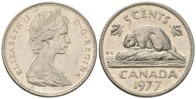 Канада 5 центов 1977 Елизавета II (1952-2022), бобр KM 60.1 никель aUNC 4617-924