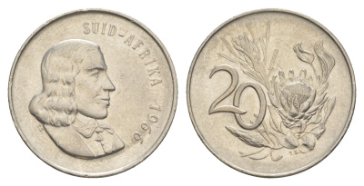 ЮАР 20 центов 1966 Ян ван Рибек (1619-1677), Suid Africa, легенда на африкаанс, цветок протея KM 69.2 никель 4603-934