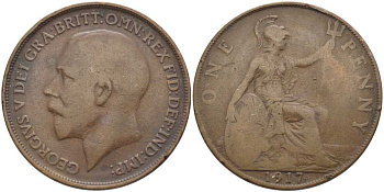Великобритания 1 пенни 1917 Георг V (1910-1936) KM 810, Spink 4051 бронза 115-122