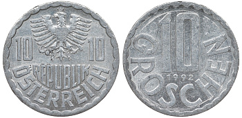 АВСТРИЯ 10 ГРОШЕЙ 1992 KM 2878 алюминий 62-743