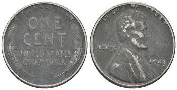 США 1 цент 1943 Авраам Линкольн KM 132 a сталь покрытая цинком 214-327