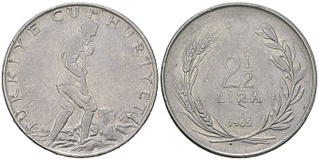 Турция 2 1/2 лиры 1965 KM 893.1 нержавеющая сталь 4590-935