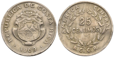 Коста-Рика 25 сентимо 1969 (1970) KM 188.1, Schoen 43 медно-никель 4116-714