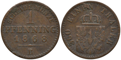 Пруссия 1 пфенниг 1868 В, Вильгельм I (1861-1888) KM 480 медь 4532-629