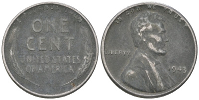 США 1 цент 1943 Авраам Линкольн KM 132 a сталь покрытая цинком 214-327