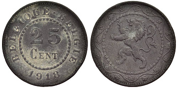 БЕЛЬГИЯ 25 САНТИМОВ 1918 BELGIQUE-BELGIE, ГЕРМАНСКАЯ ОККУПАЦИЯ, ПЕРВАЯ МИРОВАЯ ВОЙНА KM 82 цинк 27-942