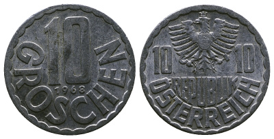 Австрия 10 грошей 1968 KM 2878 алюминий 4384-1131