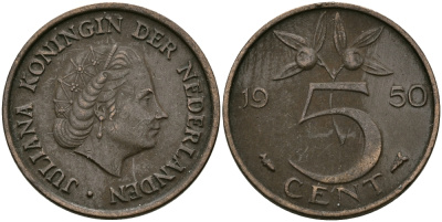 НИДЕРЛАНДЫ 5 ЦЕНТОВ 1950 ЮЛИАНА KM 181 бронза 95-236