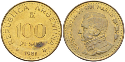 Аргентина 100 песо 1981 генерал Хосе де Сан Мартин KM 85а сталь плакированная латунью 4683-325
