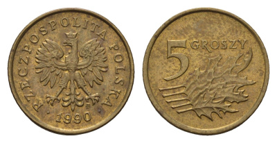 Польша 5 грошей 1990 Y 278 марганец латунь aUNC 4609-1147