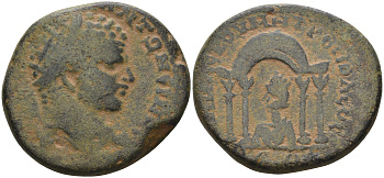 Римская Империя, Провинция Сирия, Дамаск AE 198 - 217 Каракалла, бюст императора, / поясная фигура Тихе в храме, 25 мм, 12,7 гр BMC 16 бронза 1100-4-31
