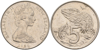 Новая Зеландия 5 центов 1980 Елизавета II (1952-2022), ящерица гаттерия KM 34.1 медно-никель 4594-1053