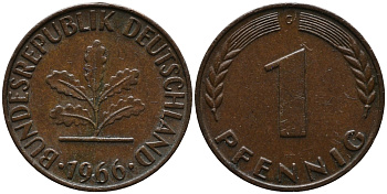ФРГ 1 пфенниг 1966 G KM 105, J.380 сталь плакированная медью 99-259