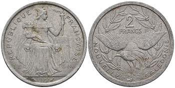 Французская Новая Каледония 2 франка 1977 птица кагу, (IEOM) KM 14, Schoen 11, Lec 58 алюминий    27-441