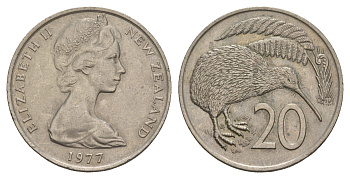 Новая Зеландия 20 центов 1977 Елизавета II (1952-2022), птичка киви KM 36.1 медно-никель 4653-442