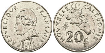 Французская Новая Каледония 20 франков 2004 три быка, (IEOM) KM 12, Schoen 14, Lec 115h никель 81-713