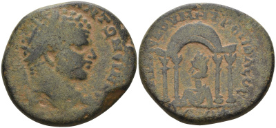 Римская Империя, Провинция Сирия, Дамаск AE 198 - 217 Каракалла, бюст императора, / поясная фигура Тихе в храме, 25 мм, 12,7 гр BMC 16 бронза 1100-4-31