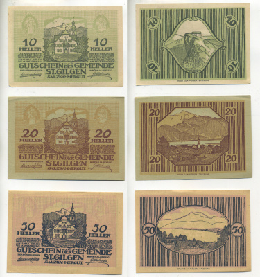 Австрия набор из 3 банкнот 1920 8 мая 1920-15 октября, нотгельд, 10, 20, 50 геллеров, ST. GULGEN SALZKAMMERGUT, ЗАЛЬЦБУРГ   бумага  XF 7555-3-2-2