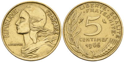 Франция 5 сантимов 1966 тип Марианна KM 933 медь алюминий никель    4152-1218