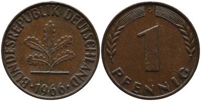 ФРГ 1 пфенниг 1966 G KM 105, J.380 сталь плакированная медью 99-259