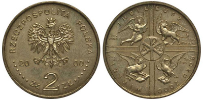 Польша 2 злотых 2000 MW, великий юбилей 2000, миллениум KM 376 нордик 4521-822
