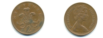 Великобритания 2 пенса 1980 Елизавета II (1952-2022) KM 916, Spink 4235 (C1) бронза 59-1425