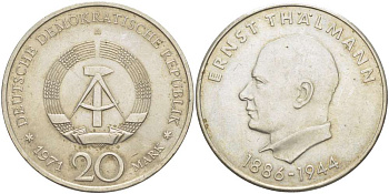 ГДР 20 марок 1971 A, 85 лет со дня рождения Эрнста Тельмана KM 34, J. 1535 медно-никель 4521-412
