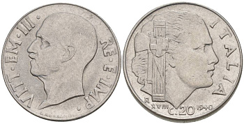 ИТАЛИЯ 20 ЧЕНТЕЗИМО 1940 R, ГОД XVIII, ВИКТОР ЭММАНУИЛ III (1900-1946), МАГНИТНАЯ, ГУРТ РИФЛЁНЫЙ KM 75b, VEM3. 1025 нержавеющая сталь 3853-513