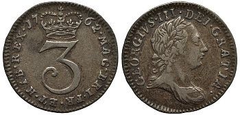 Великобритания 3 пенса 1762 Георг III (1760-1820) KM 591, Spink 3753 серебро 1524-232