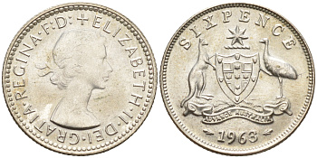 АВСТРАЛИЯ 6 ПЕНСОВ 1963 m, ЕЛИЗАВЕТА II (1953-), ГЕРБ АВСТРАЛИИ, ПРОБА 500, ДИАМЕТР 28,5 ММ. KM 58 серебро UNC 02-264-33