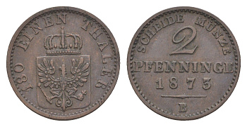 Пруссия 2 пфеннига 1873 B, Вильгельм I (1861-1888) KM 481, Jaeger 51, AKS 107, Olding 425 медь 4651-326