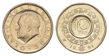 Норвегия 10 крон 1991 Улаф V (1957-1991) KM 427 никель латунь aUNC 4635-757
