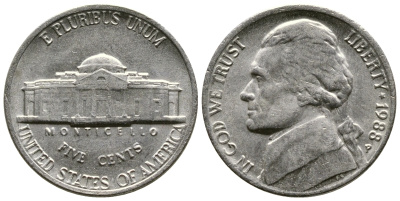 США 5 ЦЕНТОВ 1988 P, ДЖЕФФЕРСОН KM А192 медно-никель 25-2237