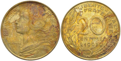 ФРАНЦИЯ 20 САНТИМОВ 1997 ТИП MARIANNE KM 930, LE FRANC 156.41 медь алюминий никель 175-921